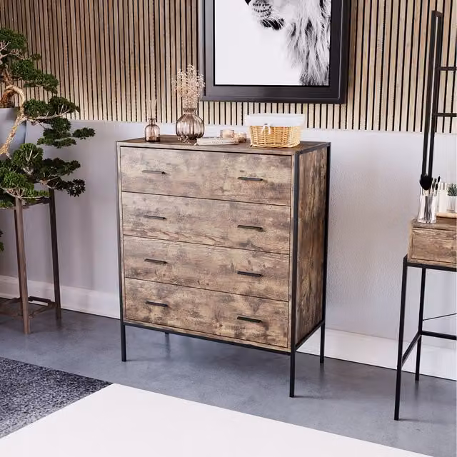Vida Designs Industrial Wood and Metal 4 Drawer Chest in Black, Grey and Brown
