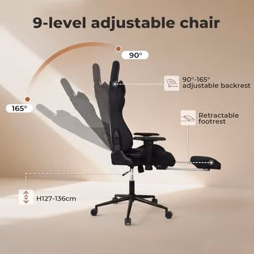 Levede Ergonomic Gaming Chair with Footrest, Reclining Black Microfibre High Back Office Chair with Lumbar Support and Headrest for Adults – 7