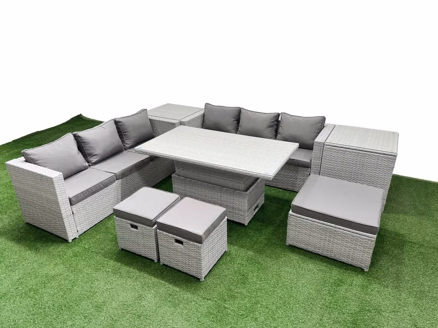 Fimous 8 Piece Rattan Dining Table Set with 3 Seater Sofa in Light Grey – 2