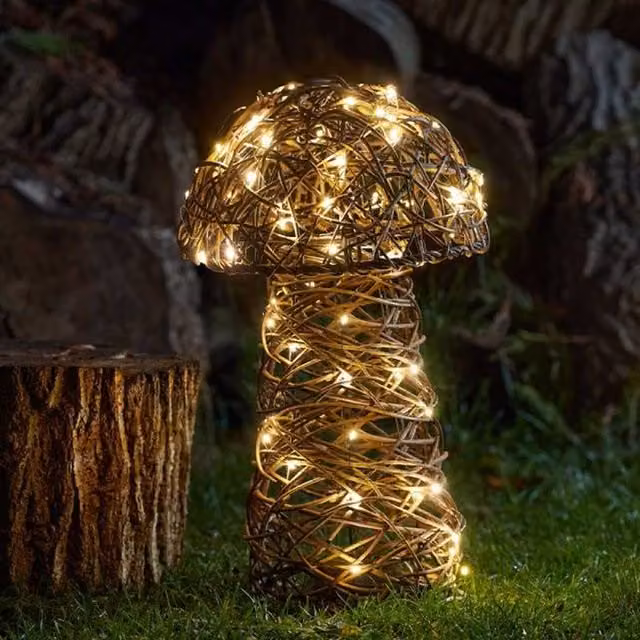 InLit LED Mushroom Garden or Home Light in Brown Rattan, Height: 34 cm