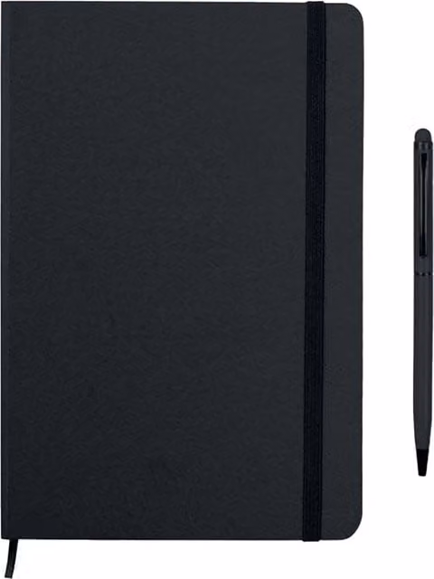 MidOcean Neilo Set Black Hardcover A5 Lined Notebook and Pen with Bookmark and Elastic Closure