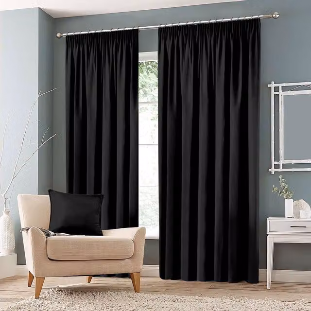 Roseley Plain Blackout Fabric Panel Pencil Pleat Curtains in Black