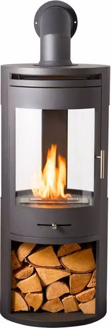 OKO S7 Bio Ethanol Panoramic Stove with Log Storage and Angled Metal Pipe in Dark Grey – 1