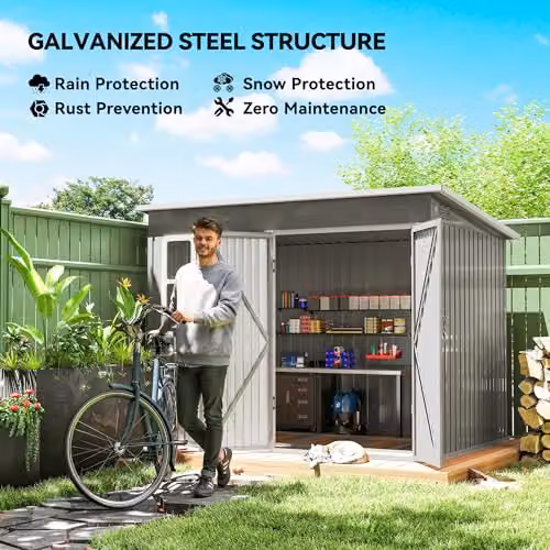 Outsunny Galvanised Steel Pent Garden Storage Shed in Light Grey with Window, Lockable Double Doors, Air Vents and Foundation Kit, W/D/H: 260 x 190 x 177 cm – 3