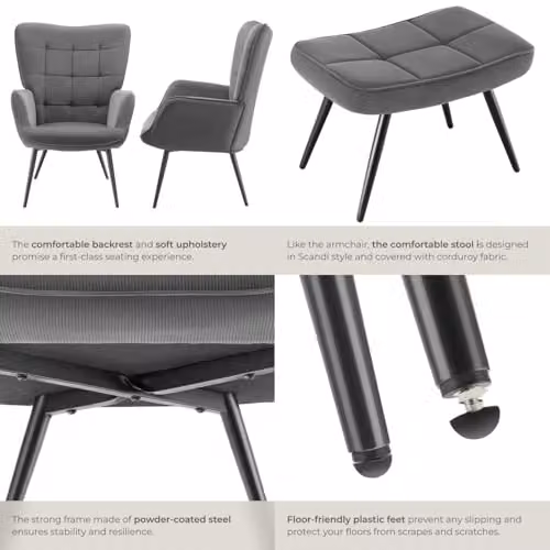 tectake Scandi Style Armchair with Integrated Footstool in Anthracite and Black Corduroy Fabric – 6