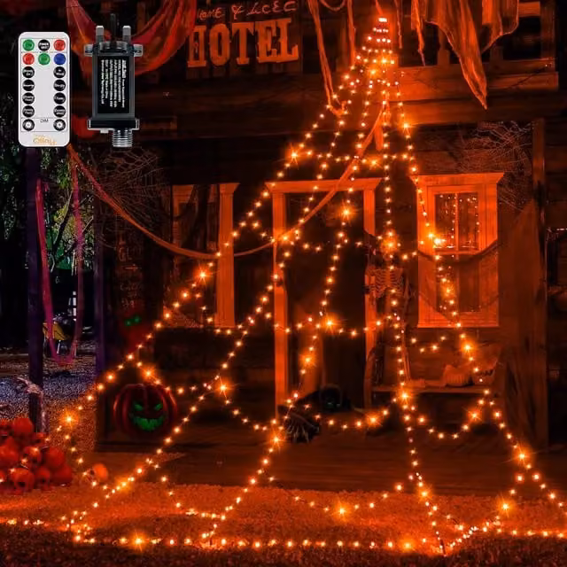 Garwarm Orange Halloween Spider Web LED Lights with 454 LEDs and Remote Control, 5m – 1
