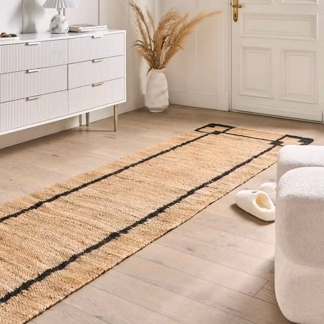 Wyld and Coco Handwoven Beige and Black Jute and Cotton Striped Rectangular Runner Rug W: 80 cm, L: 300 cm