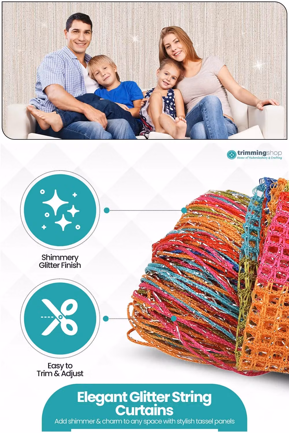 Neel Blue Glitter Polyester String Curtain Panel with Spaghetti Tassels, W: 100 cm, H: 200 cm