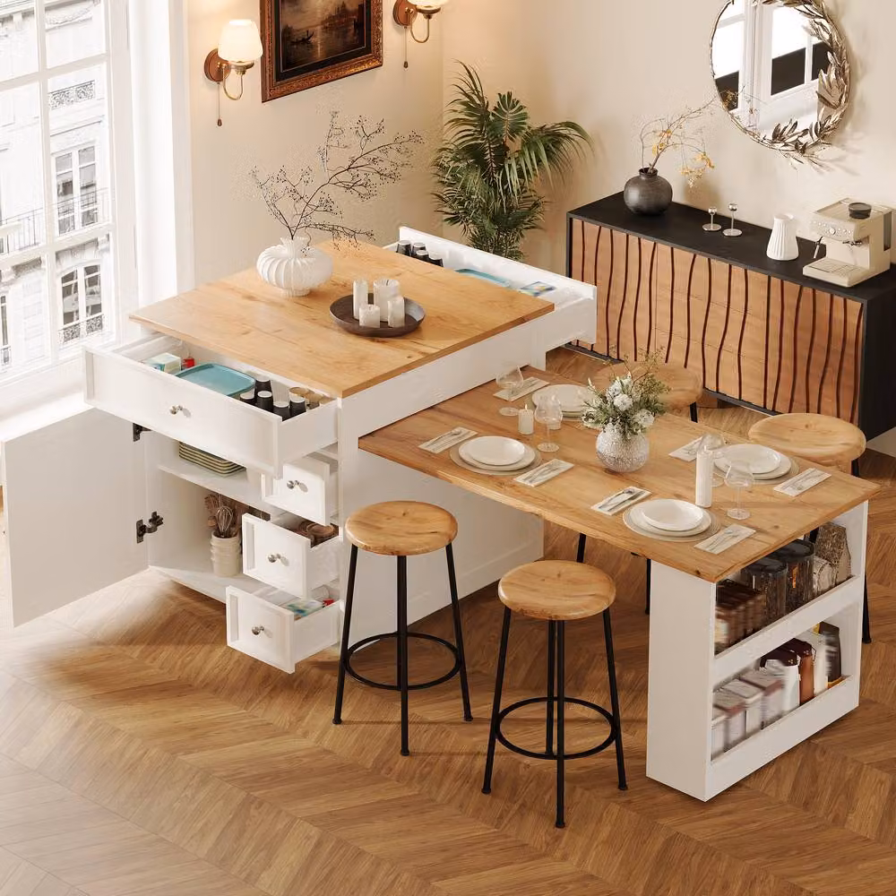 BTM Extendable Kitchen Island with Drawers and Rolling Storage Cart in White – 3