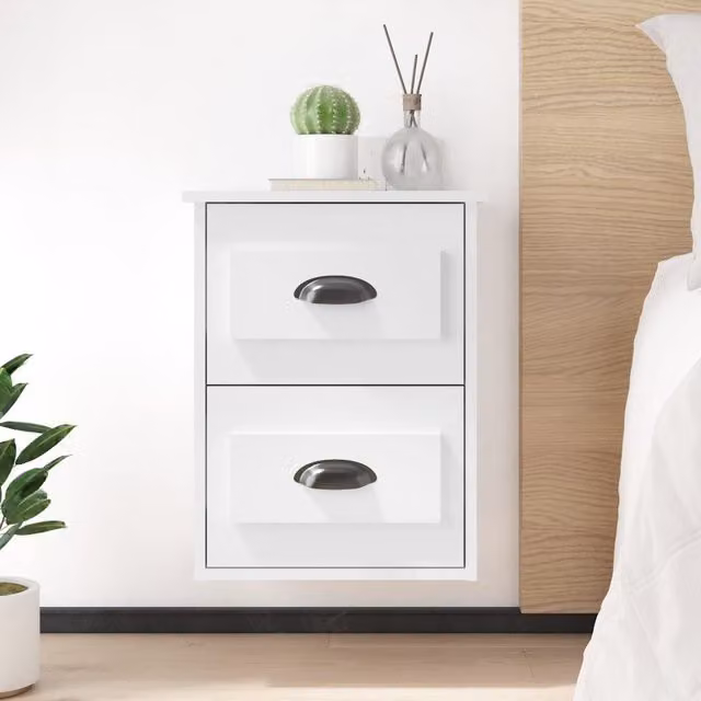 Berkfield Home Set of 2 Wall-mounted High Gloss White Bedside Cabinets W/D/H: 41.5 x 36 x 53 cm