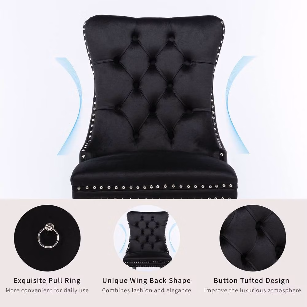 HomeTouch Romsey Set of 6 Black Velvet Upholstered Dining Chairs with Oak Legs and Knocker Ring Back – 5