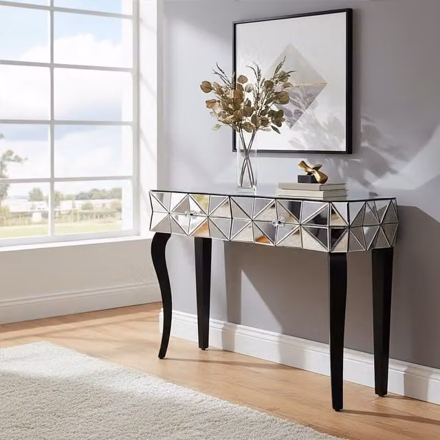 Orsina Luxe Smoke Glass Console Table in Silver with Curved Wooden Legs, W/D/H: 112 x 37 x 78 cm