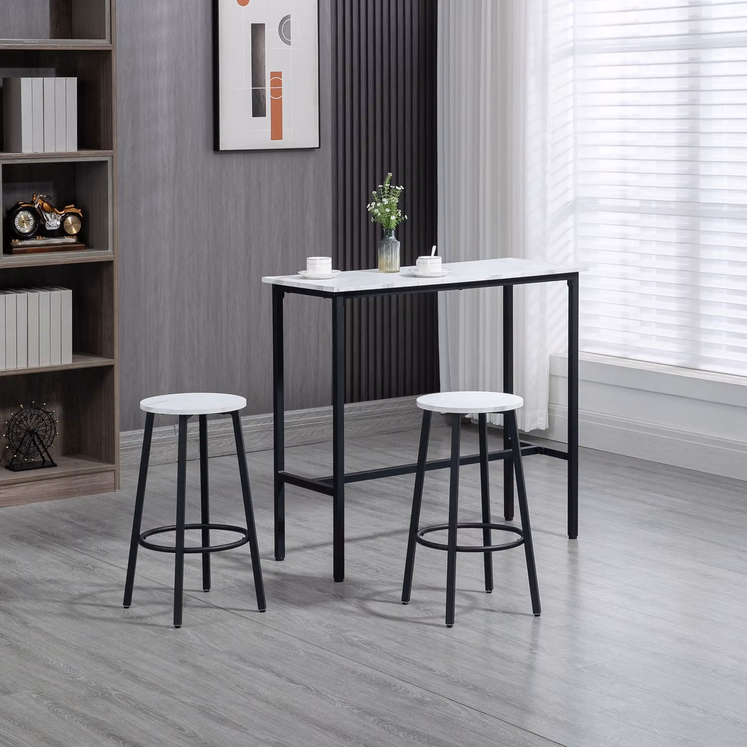 HOMCOM 3 Piece Bar Table and Stool Set in White with Steel Frame and MDF Surfaces – 2