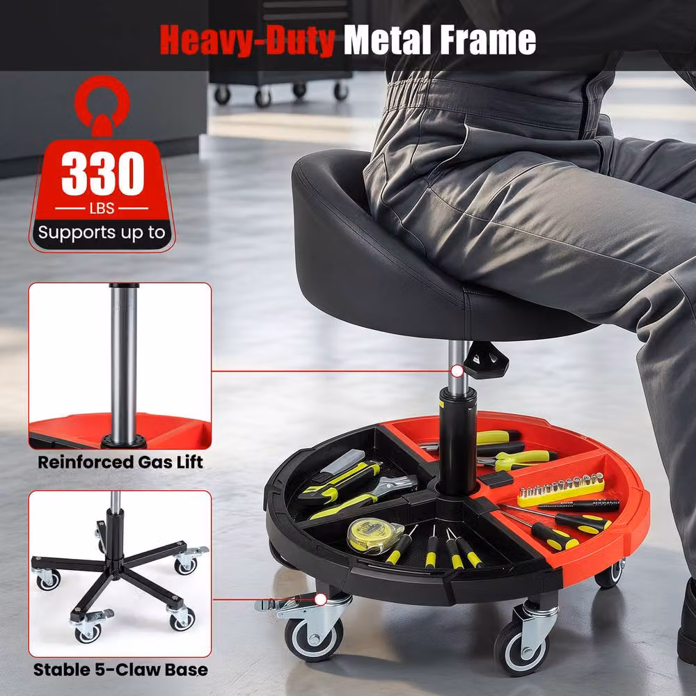 Gymax 360 Degree Rolling Mechanic Stool with Tool Storage Tray in Red – 5