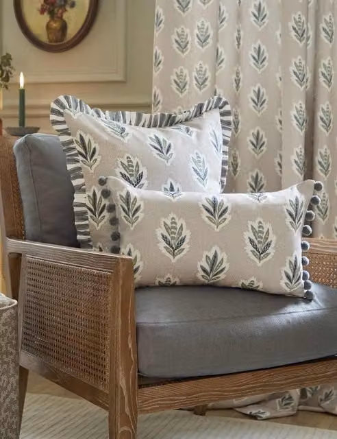 Sanderson Sessile Leaf Striped Pom Pom Rectangular Cushion in Beige and Multicolour