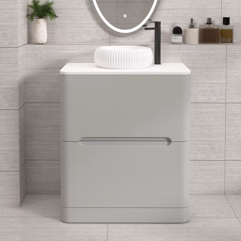 Royal Bathrooms Venice 700mm Dove Grey Floor Standing 2 Drawer Vanity Unit with Plain White Worktop and Milan Basin