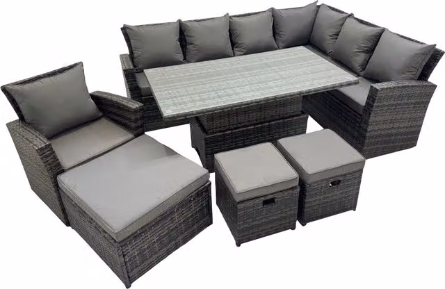 Fimous 10 Seat Rattan Garden Furniture Corner Sofa Set with 3 Footstools in Dark Grey