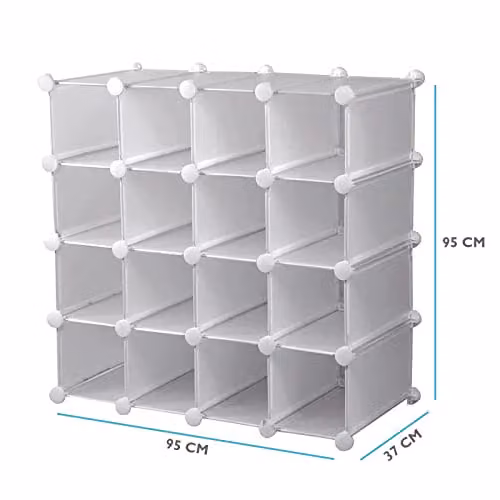 AMOS 16 Pair Interlocking Cube Shoe Storage Rack Organiser with Back Panels in White – 3
