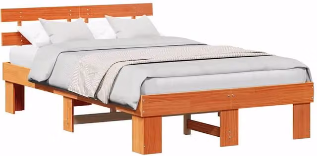 Berkfield Home Modern Solid Wood Pine Bed Frame with Headboard, Wax Brown, W/D/H: 140 x 190 x 73 cm – 1