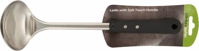 Kitchen Master Stainless Steel Round Ladle with Soft Touch Handle and Hanging Loop in Black and Silver