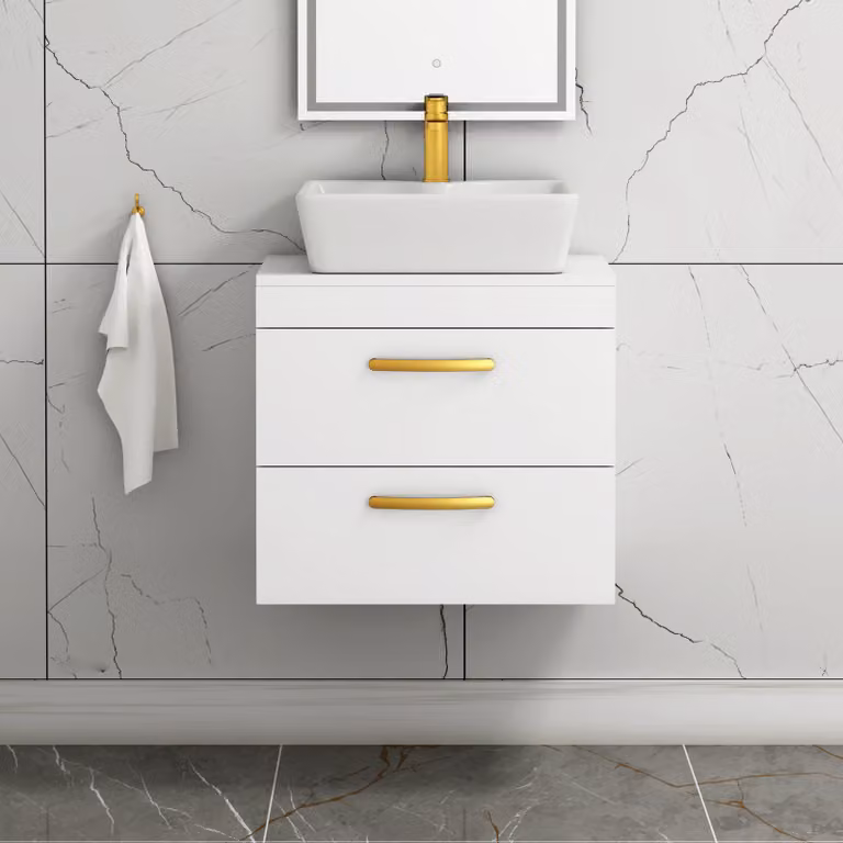 Royal Bathrooms Gloss White 600mm Wall Hung 2 Drawer Vanity Unit with Cube Countertop Basin and Brushed Brass Handle