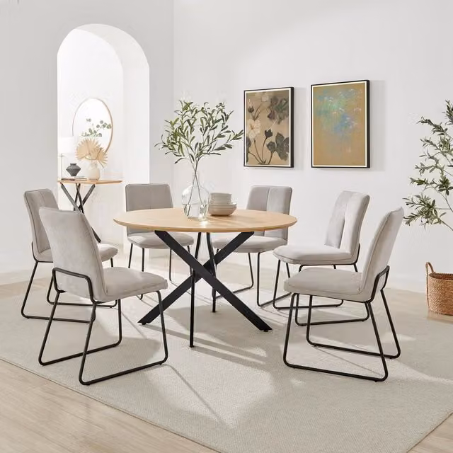 FurnitureboxUK Novara Oak Effect Dining Table and 6 Halle Taupe Fabric Chairs Set