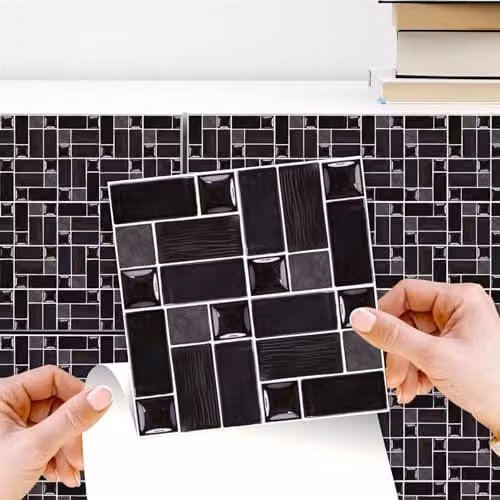WALPLUS Black Glossy Self Adhesive Mosaic Tile Transfers for Kitchen and Bathroom, W/D/H: 15 x 15 x 0.1 cm