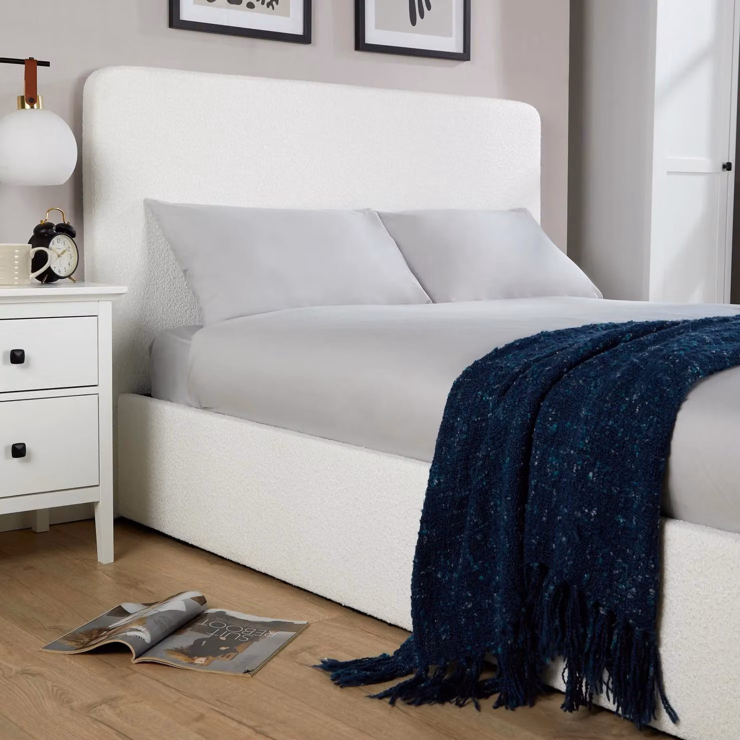 Home Source Small Double Ottoman Upholstered Storage Bed with Gas Lift in Cream Boucle Finish, W/D/H: 120 x 200 cm – 3