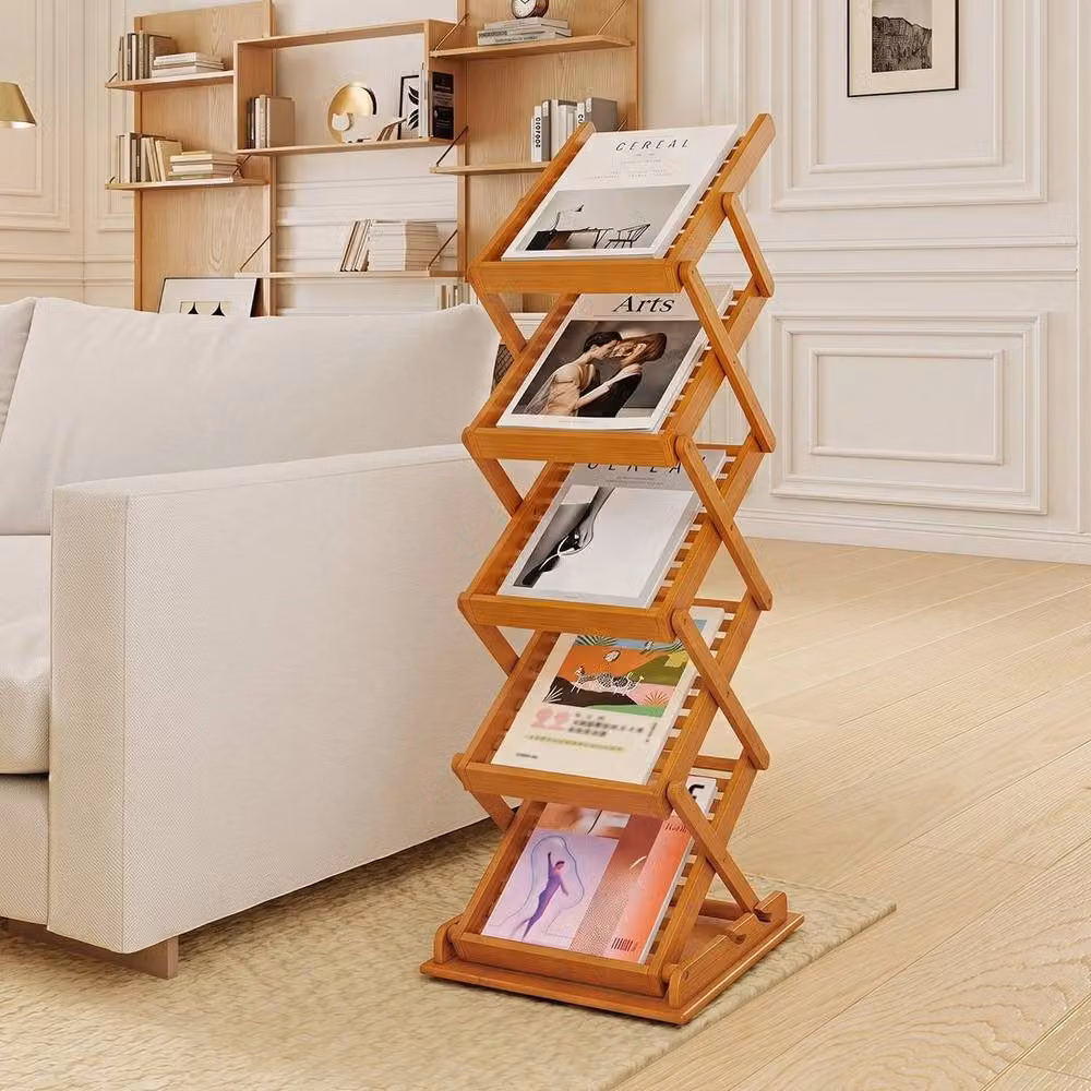 Kelvenix Foldable Bamboo Magazine Rack with 5 Pockets in Walnut Brown – 2