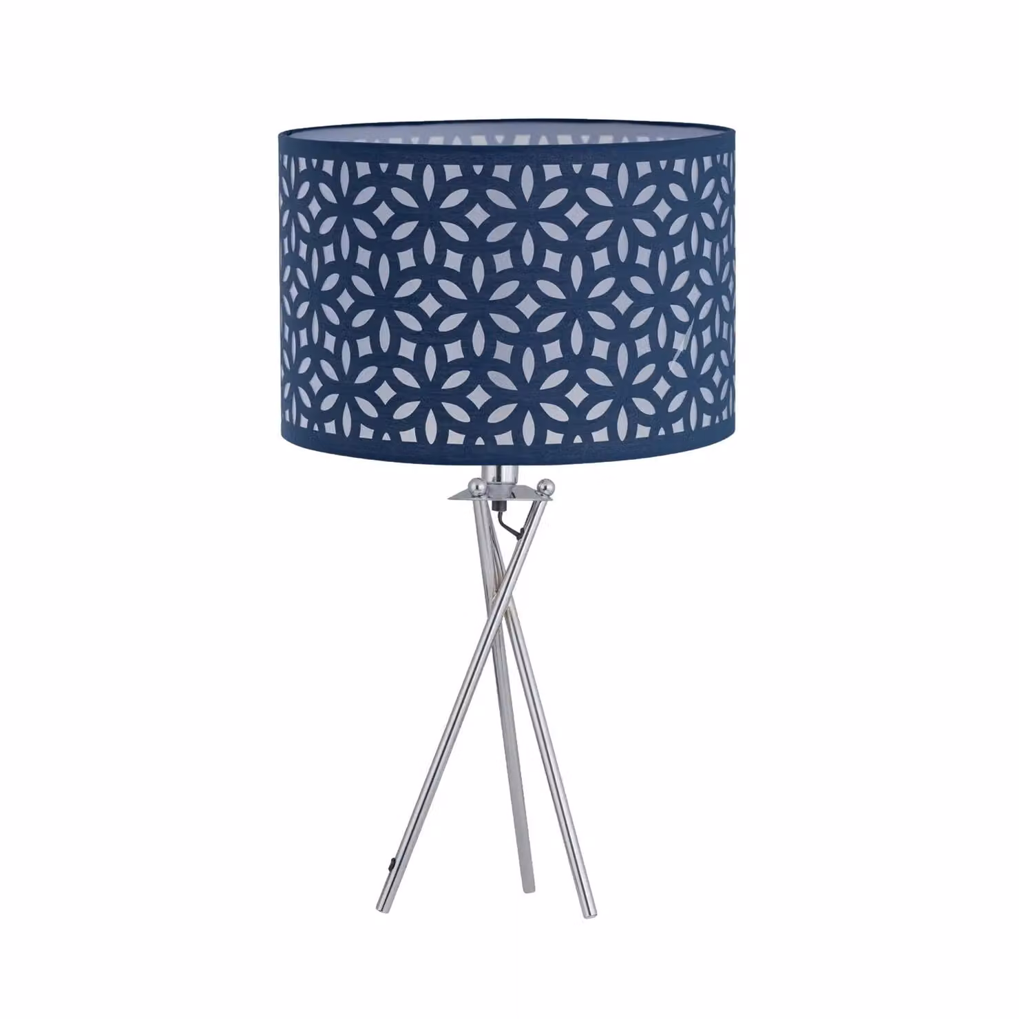 First Choice Lighting Set of 2 Chrome Tripod Table Lamps with Navy Blue Laser Cut Fabric Shades – 2
