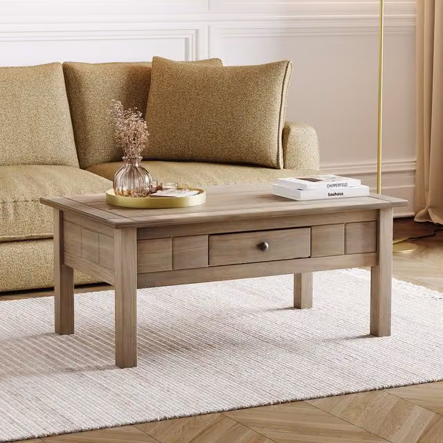 Vida Designs Panama Rectangular 1 Drawer Coffee Table in Brown Rustic Waxed Wood