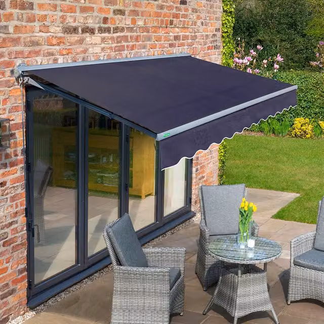 Primrose Semi-Cassette Electric Retractable Awning in Plain Dark Blue with Charcoal Aluminium Frame, Width: 300 cm