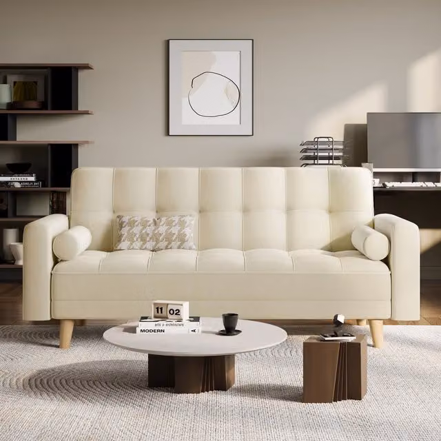 Yaheetech Modern Velvet Upholstered Click-Clack Convertible Sofa Bed in Beige and White