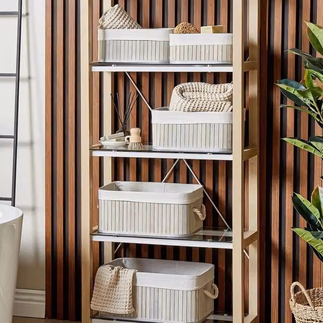 Wyld and Coco 5 Piece Grey Bamboo and Fabric Nesting Storage Baskets Set with Handles – 1