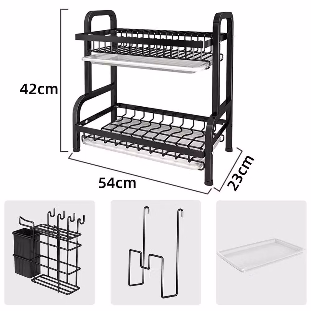 Dprodo 2 Tier Black Coated Steel Dish Drainer Rack, W: 60 cm, D: 42 cm, H: 23 cm – 5