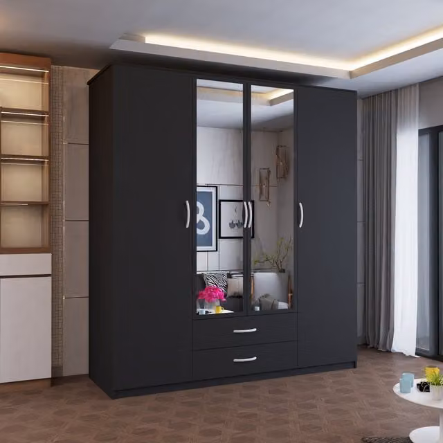 MN Furniture Louise 4 Door Hinged Wardrobe with Mirror and Internal Drawers in Black, W: 171 cm, H: 198 cm – 1