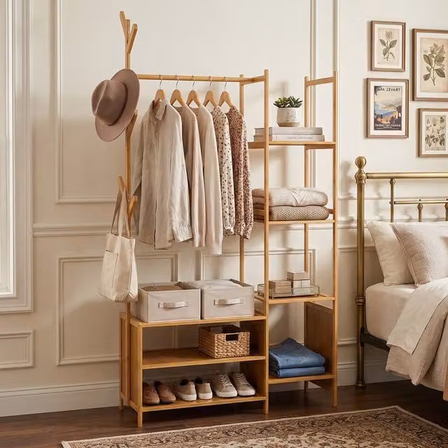 Livingandhome Scandinavian Style Dual Hook and Rail Clothes Rack in Brown Wood