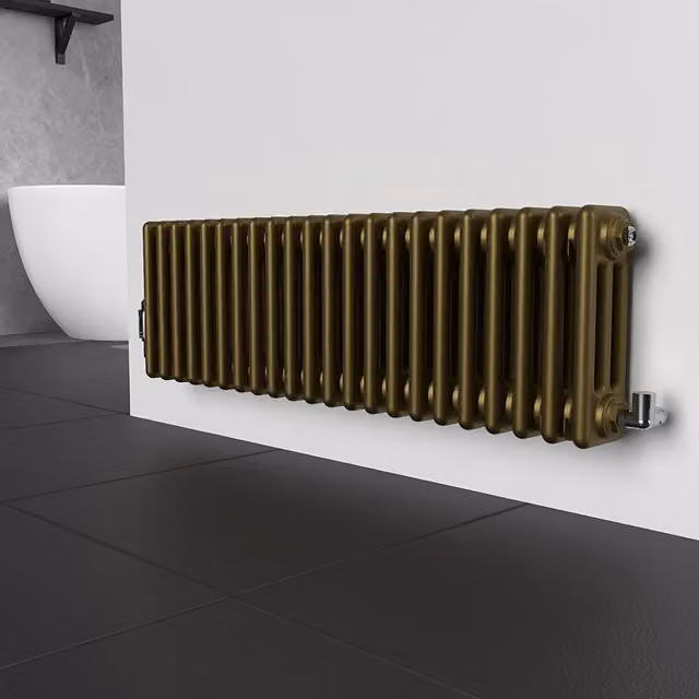 Lux Heat Horizontal 3 Column Steel Radiator in Antique Brass, H: 30.0 cm, W: 101.0 cm, D: 6.77 cm