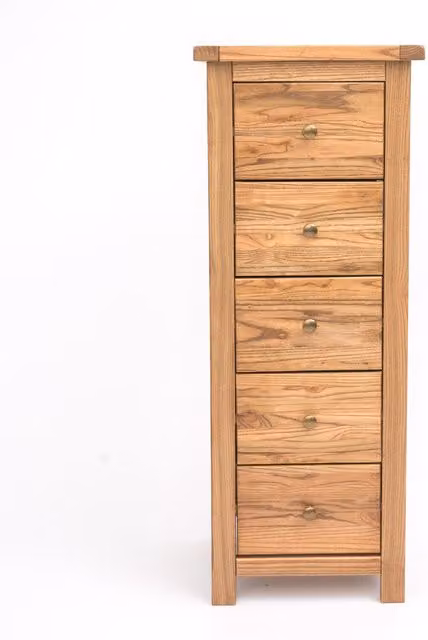 Cabinet Bits Trivento 5 Drawer Narrow Chest of Drawers in Sand Brown with Brass Knobs