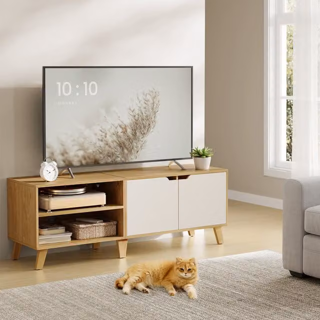 VASAGLE Yellow and Brown Rustic TV Cabinet with 2 Doors and Adjustable Shelves, 140 cm