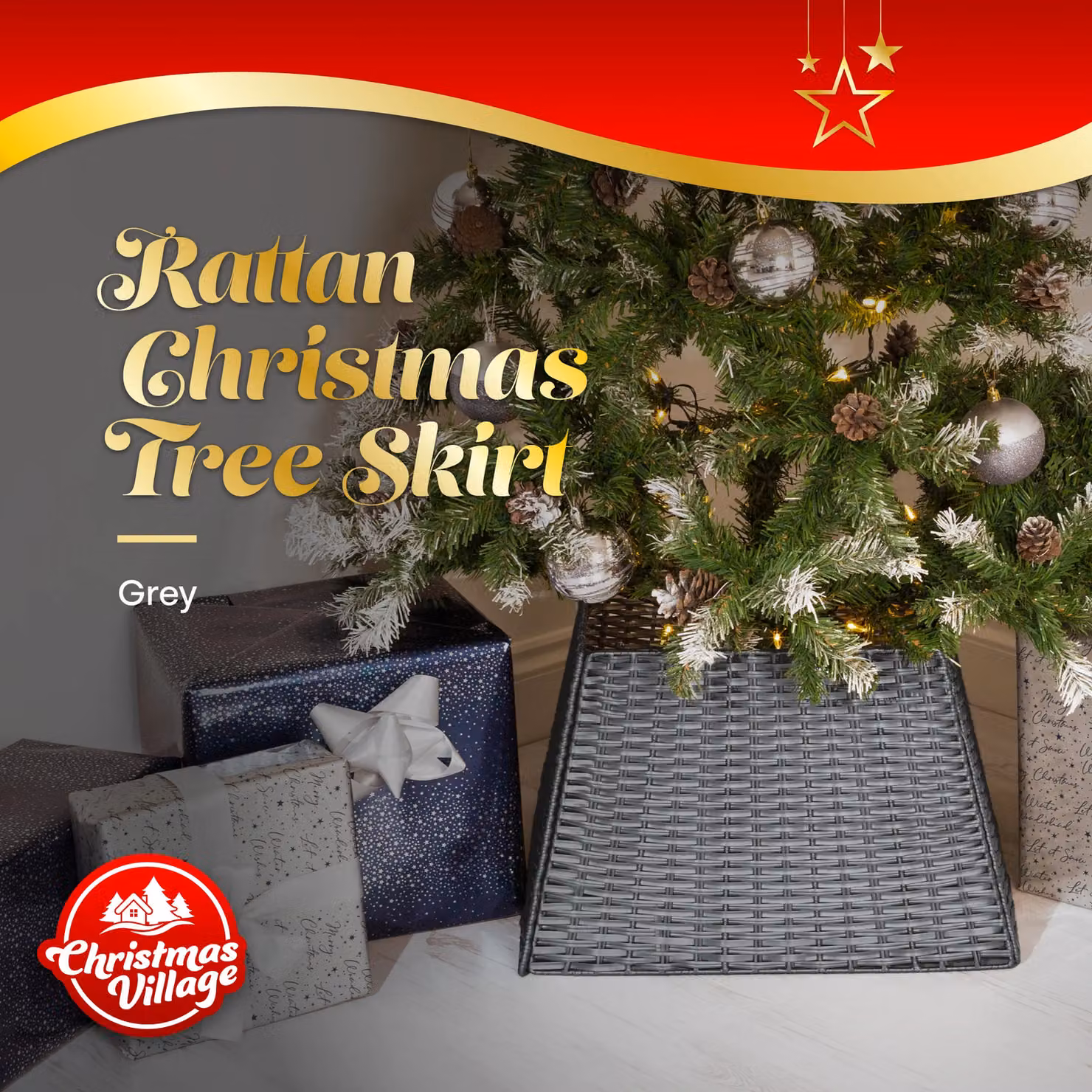 Christmas Village Square Rattan Christmas Tree Skirt in Grey, W/D/H: 45.5 x 34.0 x 30.0 cm – 3