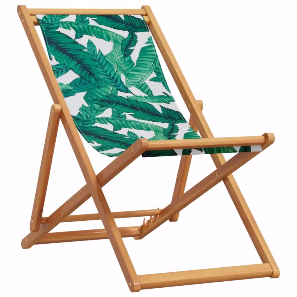 Berkfield Home Set of 2 Folding Beach Chairs in Green Leaf Pattern Fabric and Treated Hardwood – 3