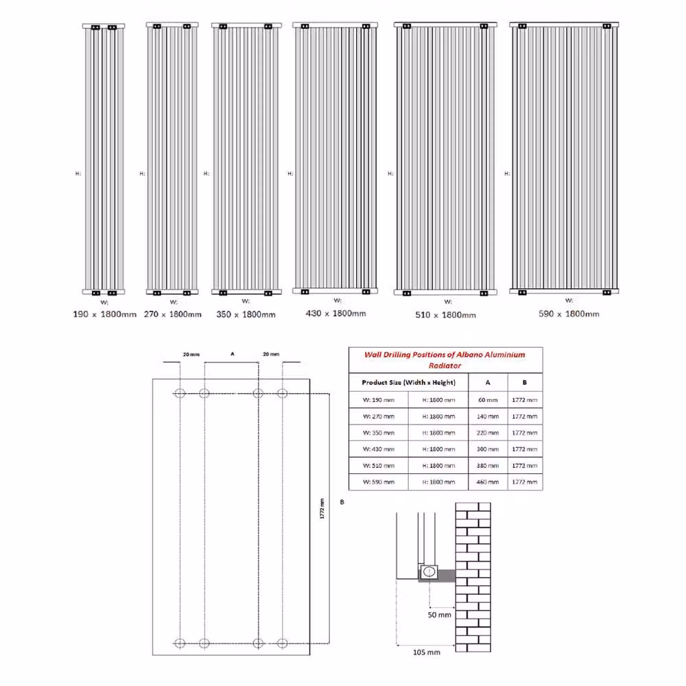 Bathroom Kingdom Albano Silver Designer Vertical Aluminium Radiator H: 180 cm, W: 59 cm – 2