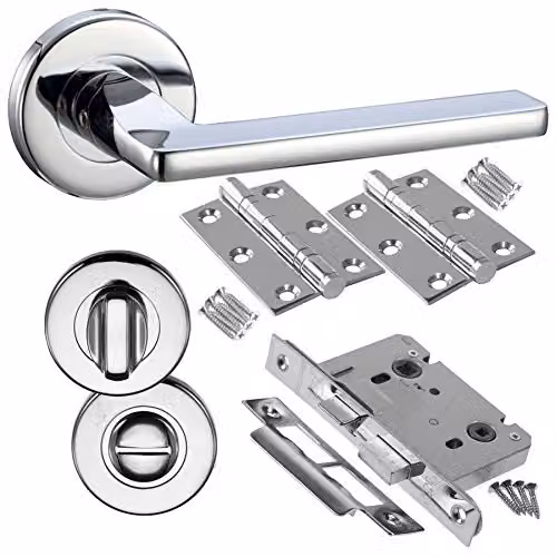 Golden Grace Leon Bathroom Door Handle Lock Set in Silver