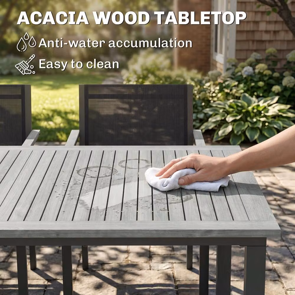 OUTSUNNY Garden Dining Set with Acacia Wood Table Top and Grey Stackable Chairs, W: 150 cm, D: 90 cm, H: 90 cm – 4
