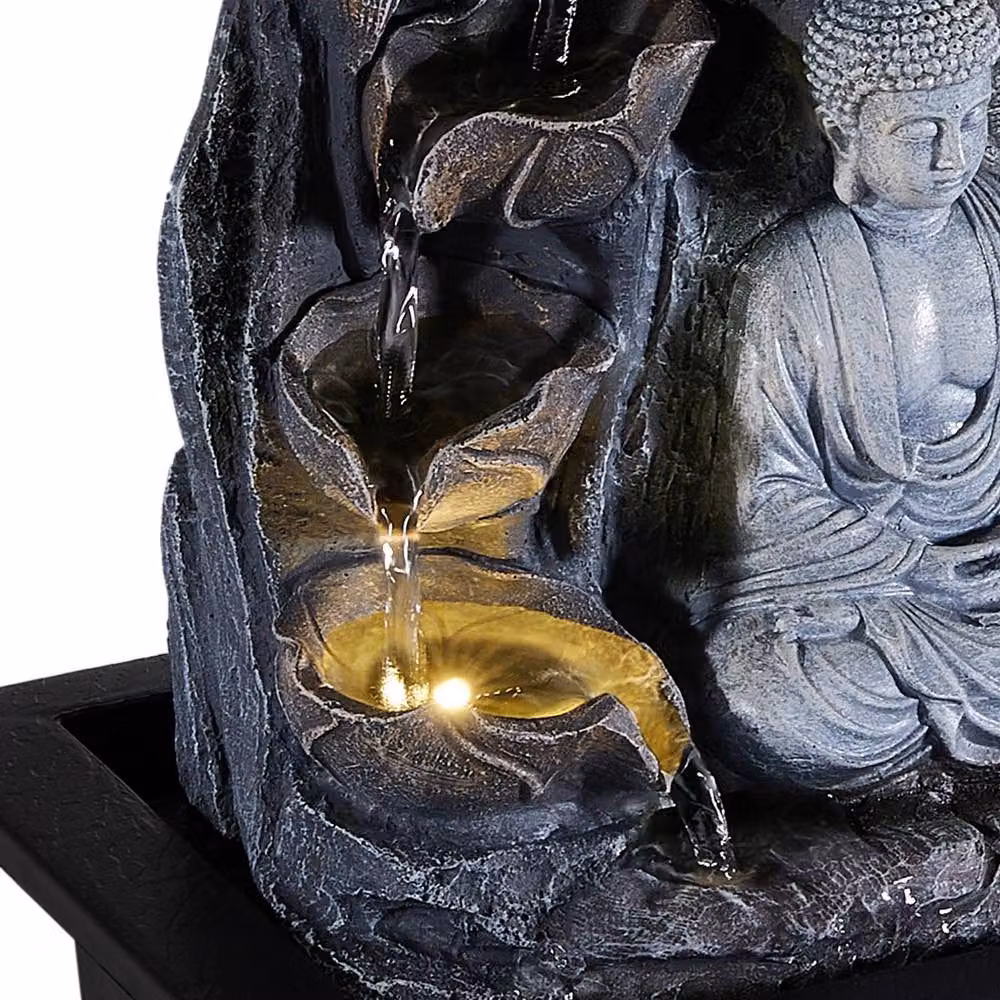 Living and Home Grey Buddha Tabletop Indoor Water Fountain with LED Light – 4