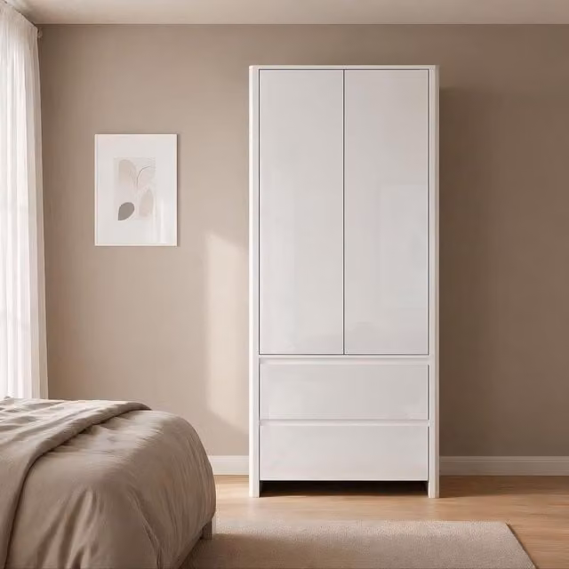 Home Source Ardenza White High Gloss 2 Door 2 Drawer Wardrobe
