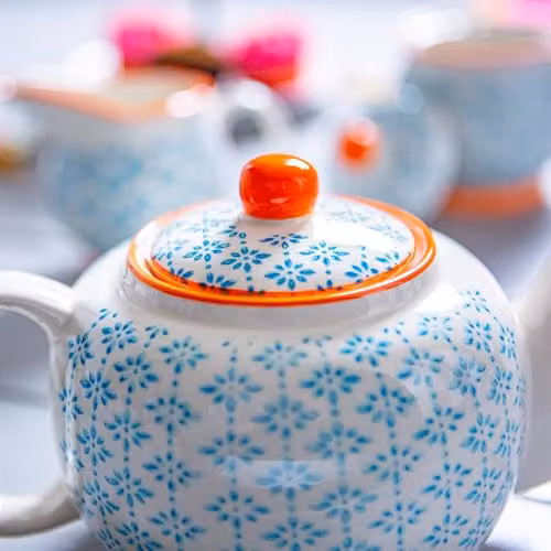 Nicola Spring Hand-Printed Porcelain Teapot with Blue Floral Pattern and Orange Lid, 820ml – 3