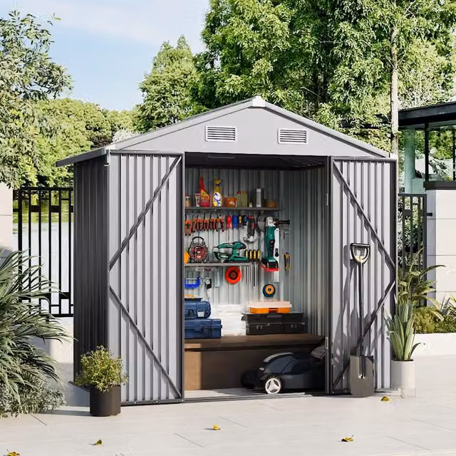 Breeins Metal Outdoor Storage Shed with Lockable Door in Grey and White