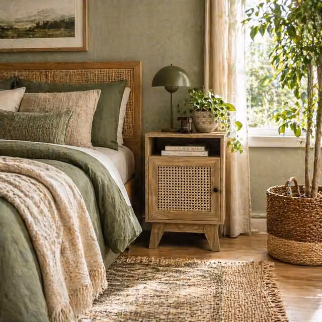 Wyld Haus Vini Raba Natural Wood Bedside Table with Rattan Drawer and Cupboard in Brown and Beige, W/D/H: 35 x 39 x 60 cm – 1